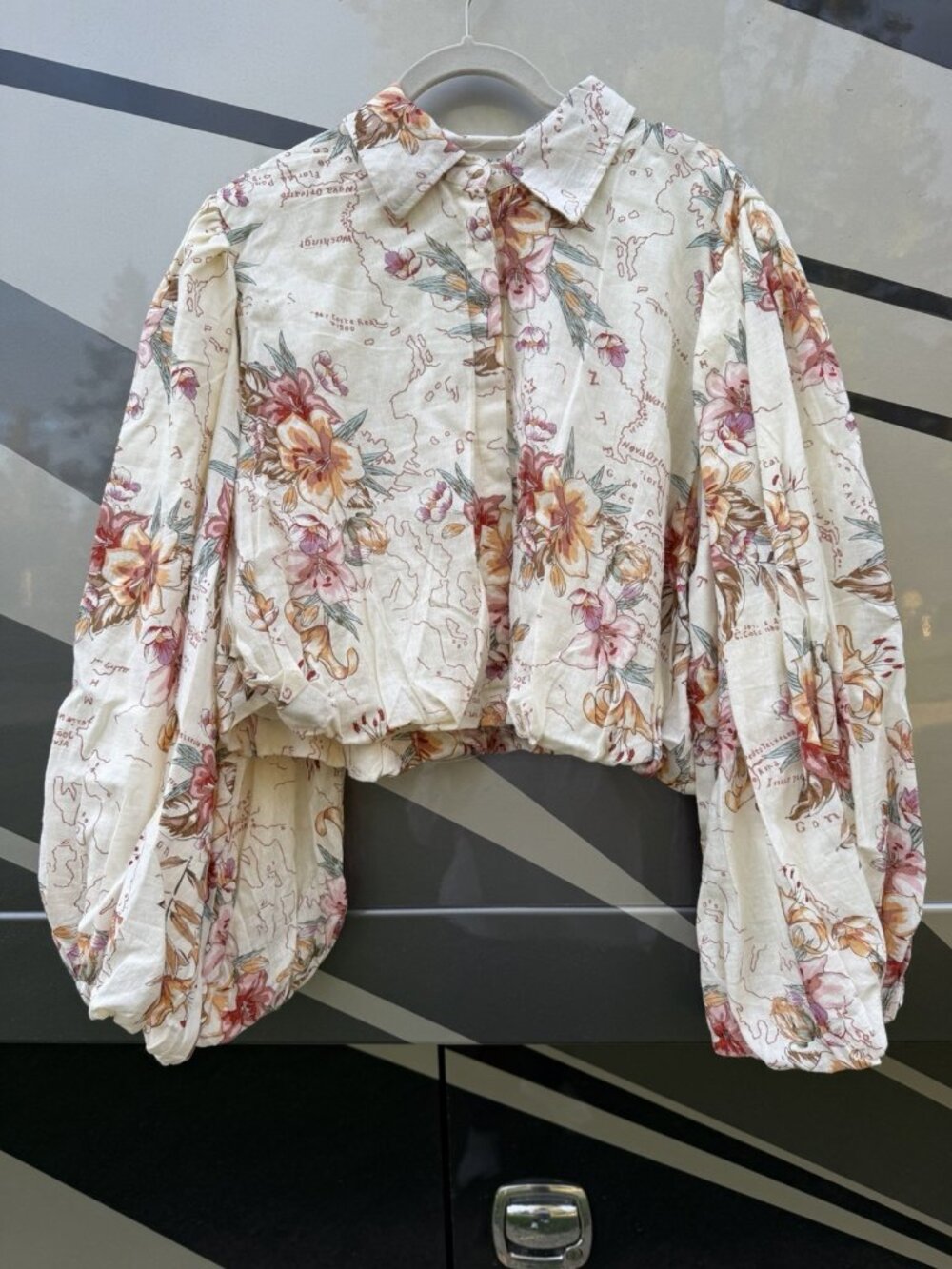 Calypso St. Barth floral map-print puff sleeve linen cropped bubble hem top L